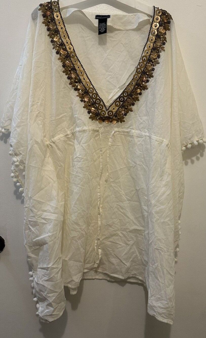 Women’s bathing suit cover up dress -white With Loose Fitting Sleeves Medium